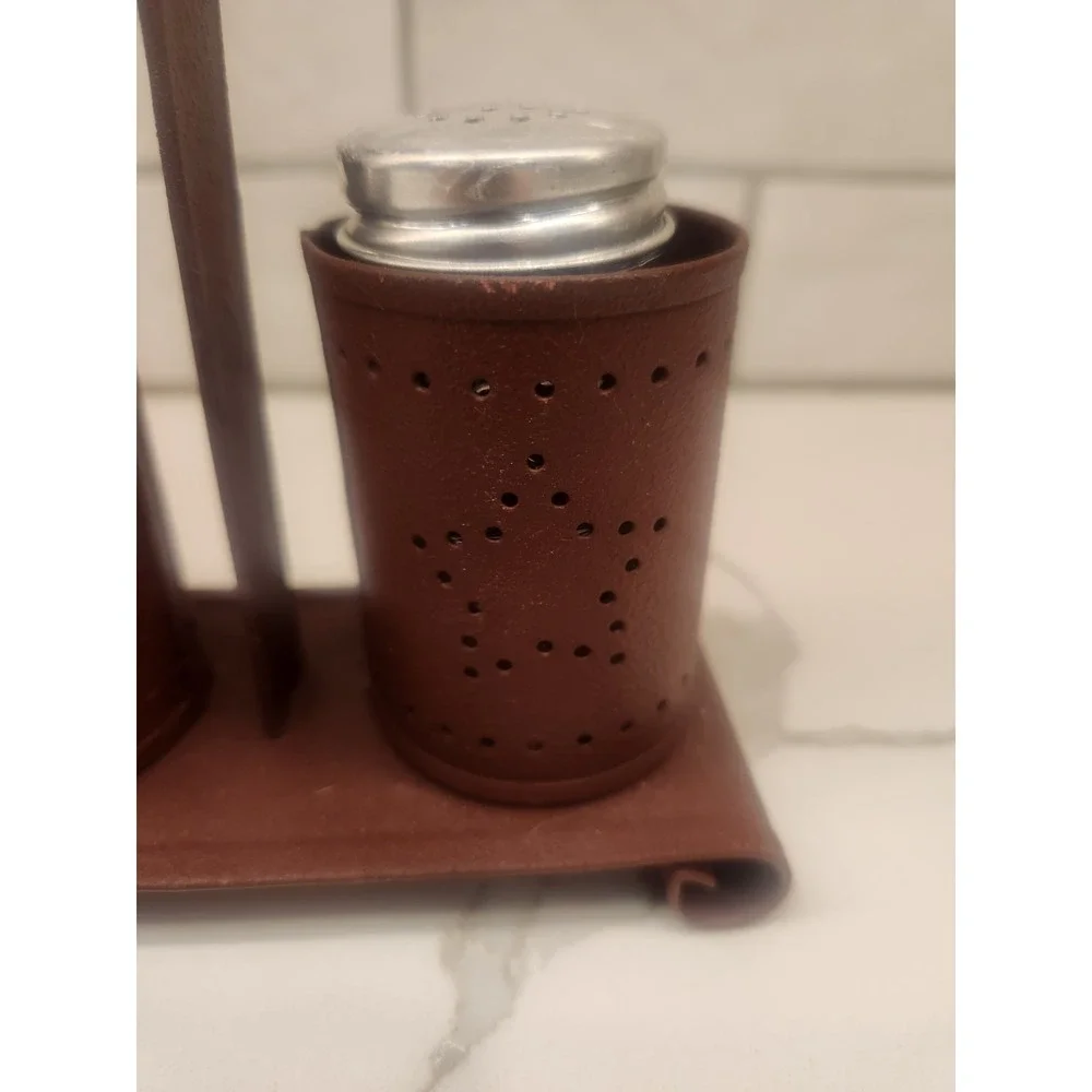 Primitive Rustic Star Farmhouse Salt and Pepper Shaker Holder Set Punched Tin